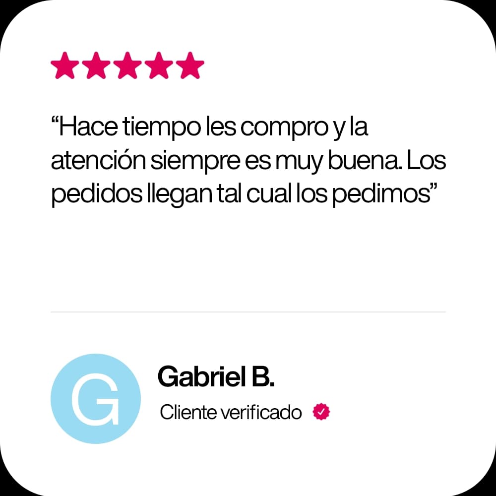 Gabriel B., cliente verificado, 5 estrellas: “Hace tiempo les compro y la atención siempre es muy buena. Los pedidos llegan tal cual los pedimos”.