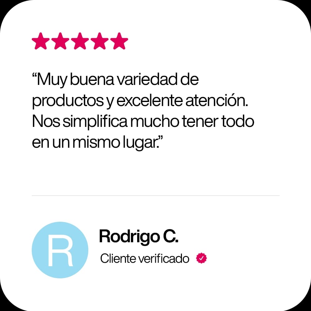 Rodrigo C., cliente verificado, 5 estrellas: “Muy buena variedad de productos y excelente atención. Nos simplifica mucho tener todo en un mismo lugar”.